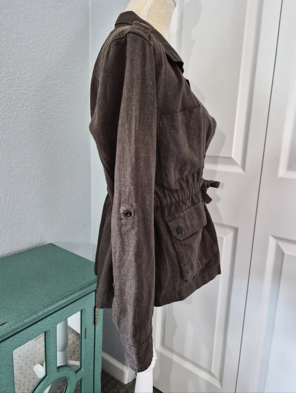 Sanctuary Olive Green Linen Blend Utility Jacket Tie Waist Size Small - Picture 9 of 13